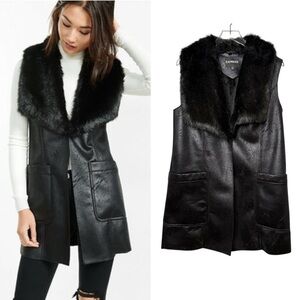 Express Black Faux Fur Oversized Collar Long Line Crackle Sueded Vest Sz L